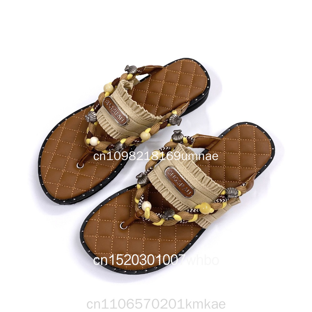 Flip Flop Leather Men - 新しいレトロな織り込みデザインの厚底スリッパ、ボヘミアンスタイルのビーチサンダル、屋外で履くためのフラットシューズ、ビーチサンダルとしても使える女性用シューズ