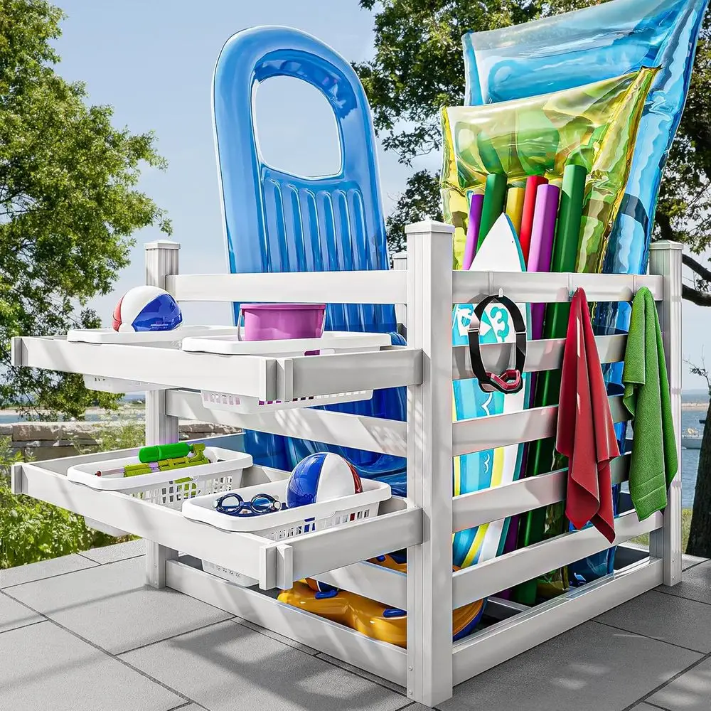 Beach Towel Large - タオルラックと6つのフック付きプール収納ビン、大型ヌードルホルダー、ゴーグル用屋外防水プールサイドフロート収納、ビーチ用