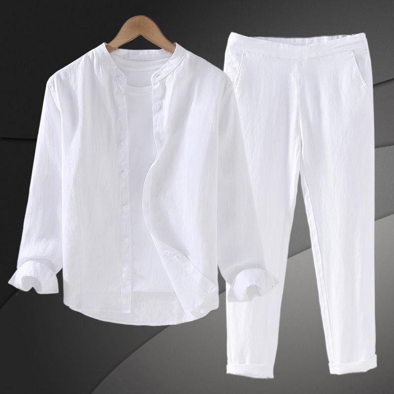 Linen Shirt Breathable - 軽量で通気性のあるコットンリネンシャツセット メンズ 長袖 夏用 カジュアルワークウェア ショーツセット