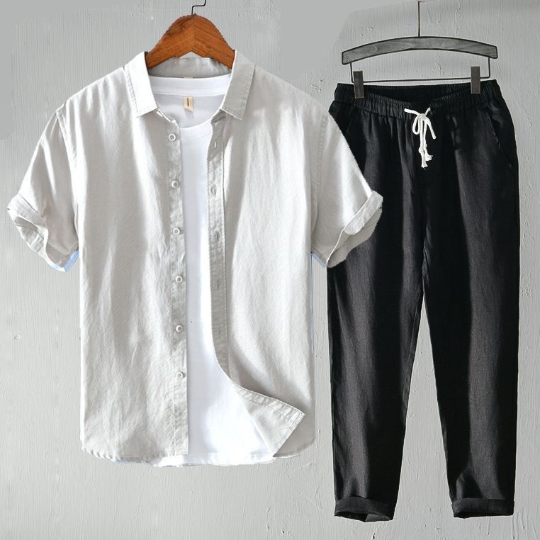 Linen Shirt Breathable - 本当に超低価格！ こんなお買い得！ メンズ綿麻半袖シャツ通気性カジュアルスポーツウェアセット夏用長袖