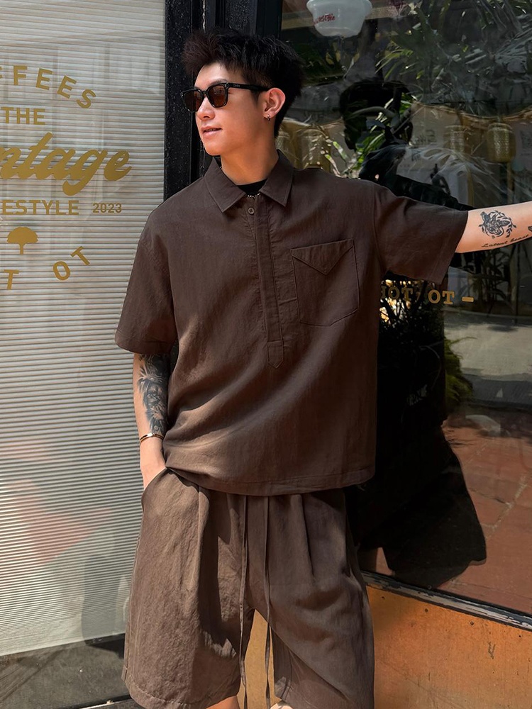 Linen Shirt Breathable - メンズサマーリネンシャツショーツセット 涼感カジュアルスポーツウェア ゆったり快適通気性抜群ツーピースセットアップ