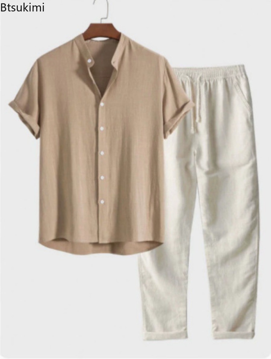 Linen Shirt Breathable - 2026年メンズファッション無地ビーチツーピースセット夏軽量通気性スタンドカラーシャツとパンツカジュアルアウトフィットトラックスーツ