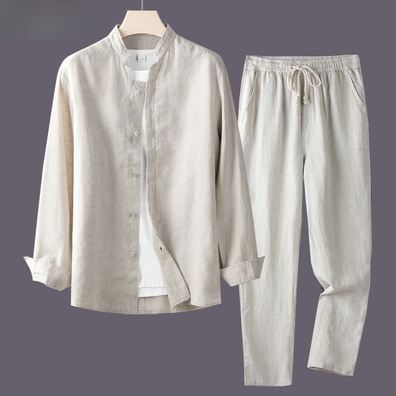 Linen Shirt Breathable - 白い長袖シャツとゆったりとした綿麻メンズストレートレッグパンツ、夏用通気性のある中華風スタンドカラースーツセット