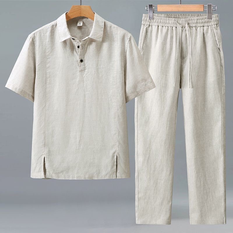 Short Linen Drawstring - 春/夏のファッションレトロスポーツ長袖Tシャツコットンリネンセットメンズカジュアルルーズプラスサイズ高品質ツーピースセット