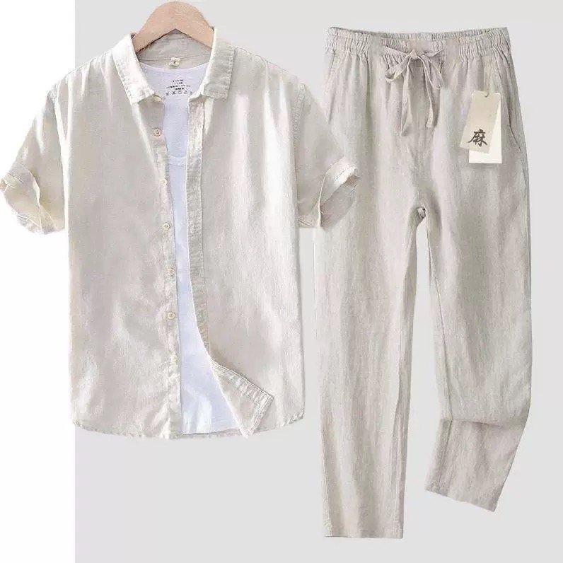 Linen Shirt Breathable - ピュアリネンコットンシャツ メンズ 半袖 ルーズトップ 夏 薄襟