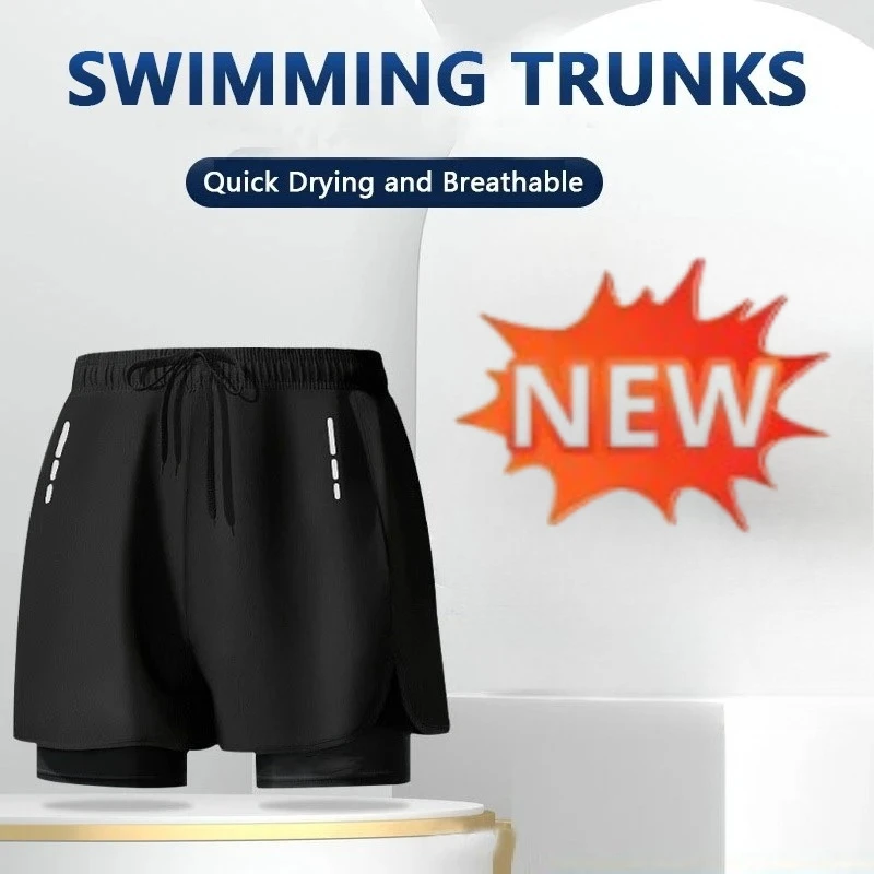 Swim Trunk Quick Dry - メンズ用2-in-1スイムトランクス。速乾性に優れたビーチショーツで、伸縮性のあるウエストバンドとドローストリングが付いています。ファスナー付きポケットが付いており、サーフィンやランニングに最適です。