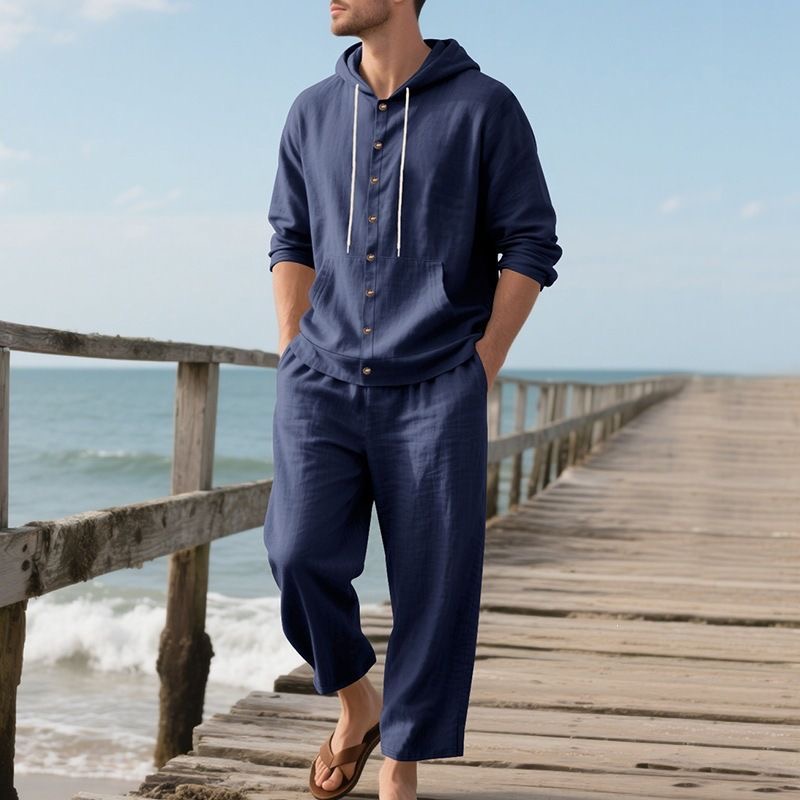 Linen Shirt Breathable - メンズリネンビーチセット サマーカジュアル フード付きシャツ＆パンツ 2ピーススーツ 通気性のあるゆったりとしたホリデーウェア 無地バケーションウェア
