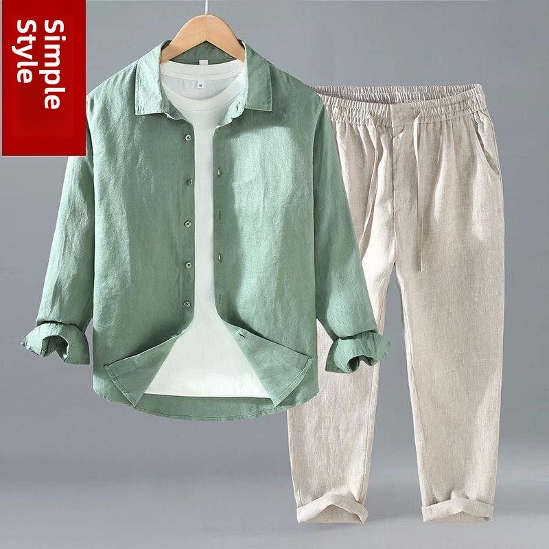 Linen Shirt Breathable - リネン素材のメンズカジュアル半袖シャツと長ズボンの2点セット、快適で通気性のある夏の服装、若い男性向け