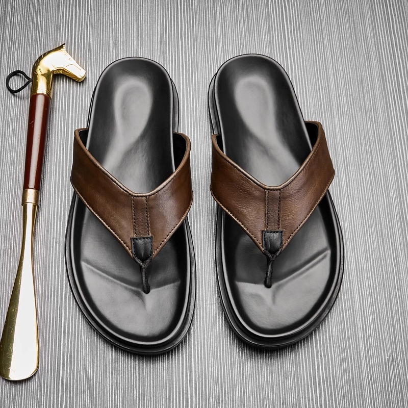 Flip Flop Leather Men - 2026 夏新メンズ本革ビーチサンダル高級手作り品質快適なアウトドアファッションビーチスリッパ男性サイズ 44