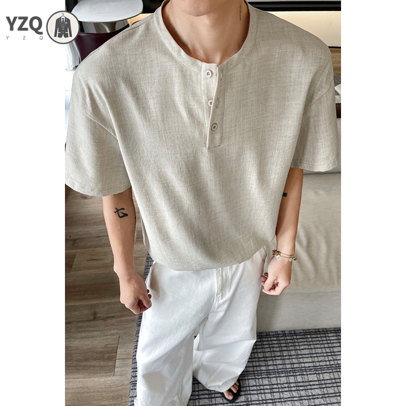 通気性に優れたリネン素材の、ボタン付きネックラインが特徴の、 - Linen Shirt Breathable のレビューと価格