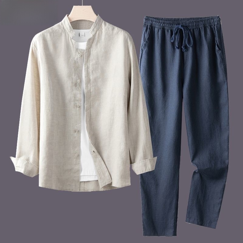 軽量で通気性のあるコットンリネンシャツセット メンズ 長袖  - Linen Shirt Breathable のレビューと価格