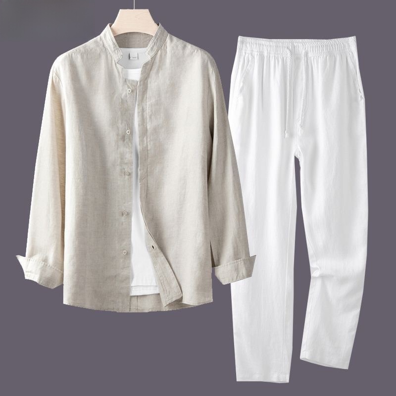 軽量で通気性のあるコットンリネンシャツセット メンズ 長袖  - Linen Shirt Breathable のレビューと価格