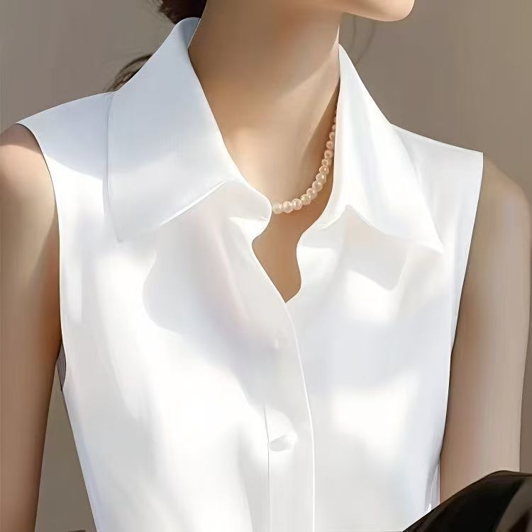 フレンチサテンポロカラーノースリーブベストシャツ女性用春と夏 - Shirt Camp Collar のレビューと価格