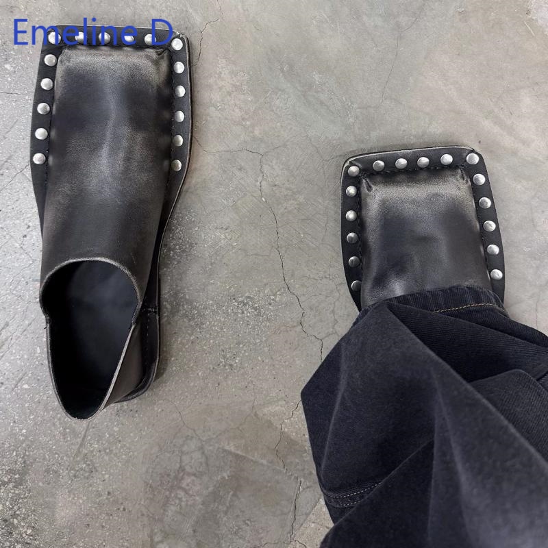 ユニセックススクエアトゥミュールスライド、フェード加工レザー - Flip Flop Leather Men のレビューと価格