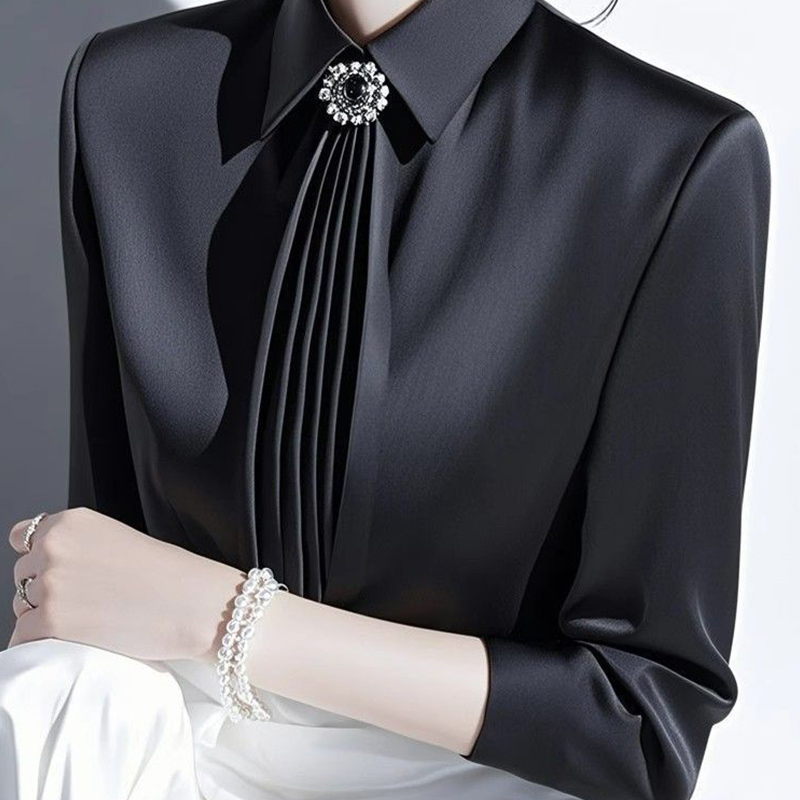 2025 春の新気質サテンブラウスレディースオフィスレディシ - Shirt Camp Collar のレビューと価格