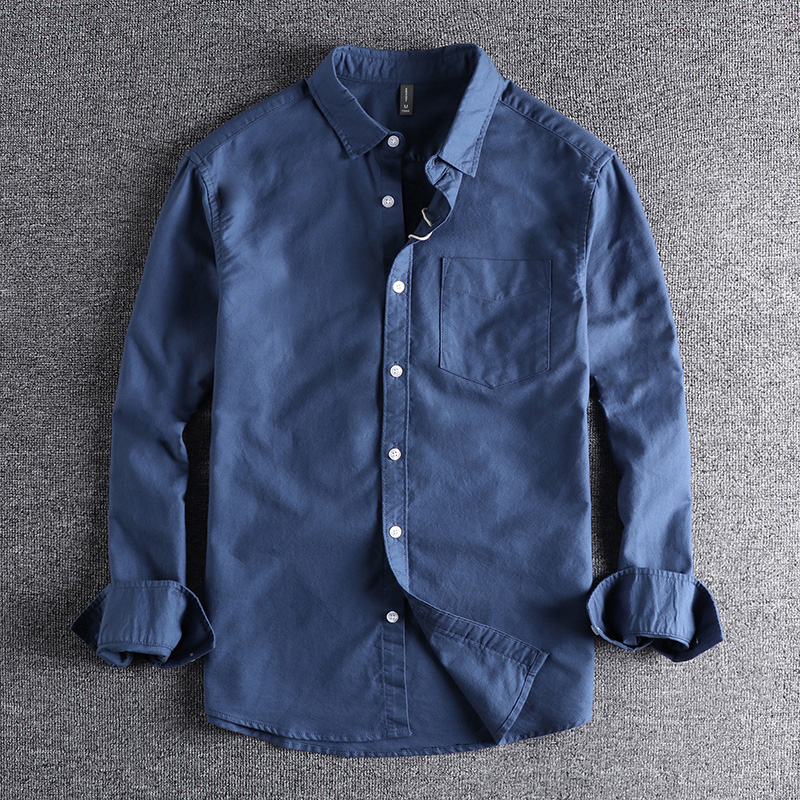 シンプルなポケット付きメンズ長袖シャツ、ウォッシュオックスフ - Shirt Camp Collar のレビューと価格