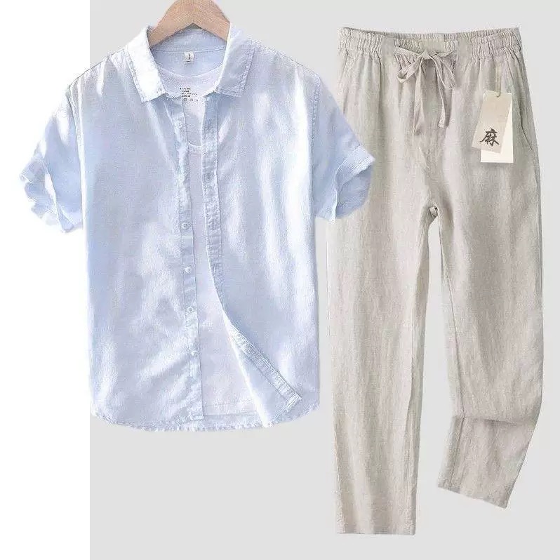 ピュアリネンコットンシャツ メンズ 半袖 ルーズトップ 夏  - Linen Shirt Breathable のレビューと価格