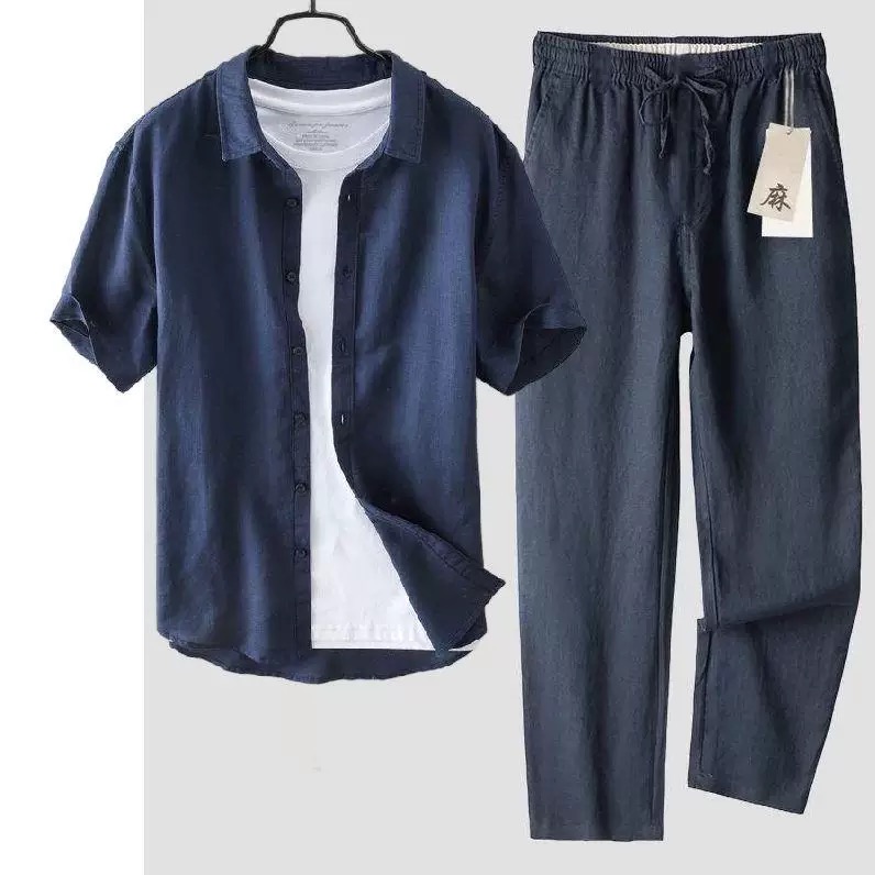 ピュアリネンコットンシャツ メンズ 半袖 ルーズトップ 夏  - Linen Shirt Breathable のレビューと価格