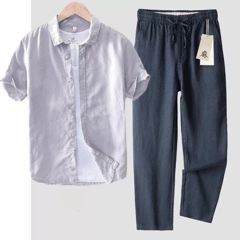 ピュアリネンコットンシャツ メンズ 半袖 ルーズトップ 夏  - Linen Shirt Breathable のレビューと価格