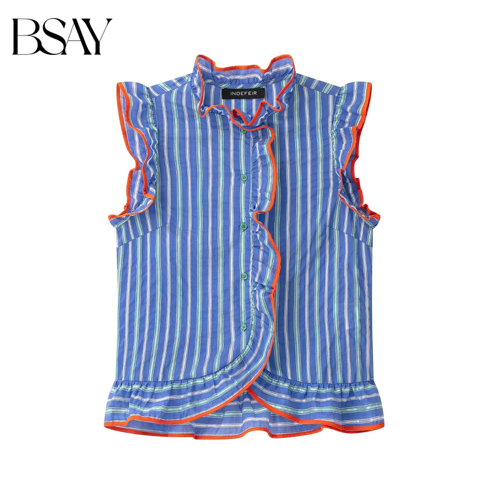 BSAY 女性カラフルなストライプノースリーブブラウスフリル - Shirt Camp Collar のレビューと価格