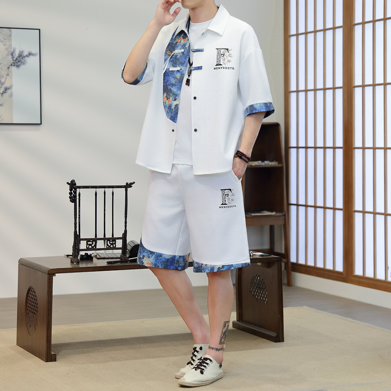 夏用メンズ2ピース着物セット ブルー花柄プリント - 半袖シ - Resort Shirt Floral のレビューと価格