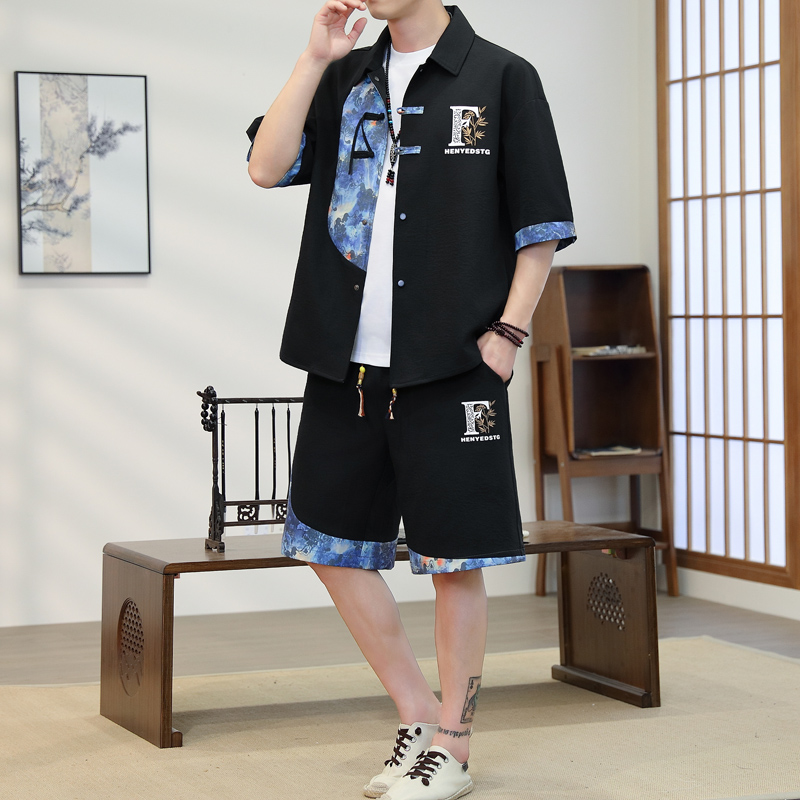 夏用メンズ2ピース着物セット ブルー花柄プリント - 半袖シ - Resort Shirt Floral のレビューと価格