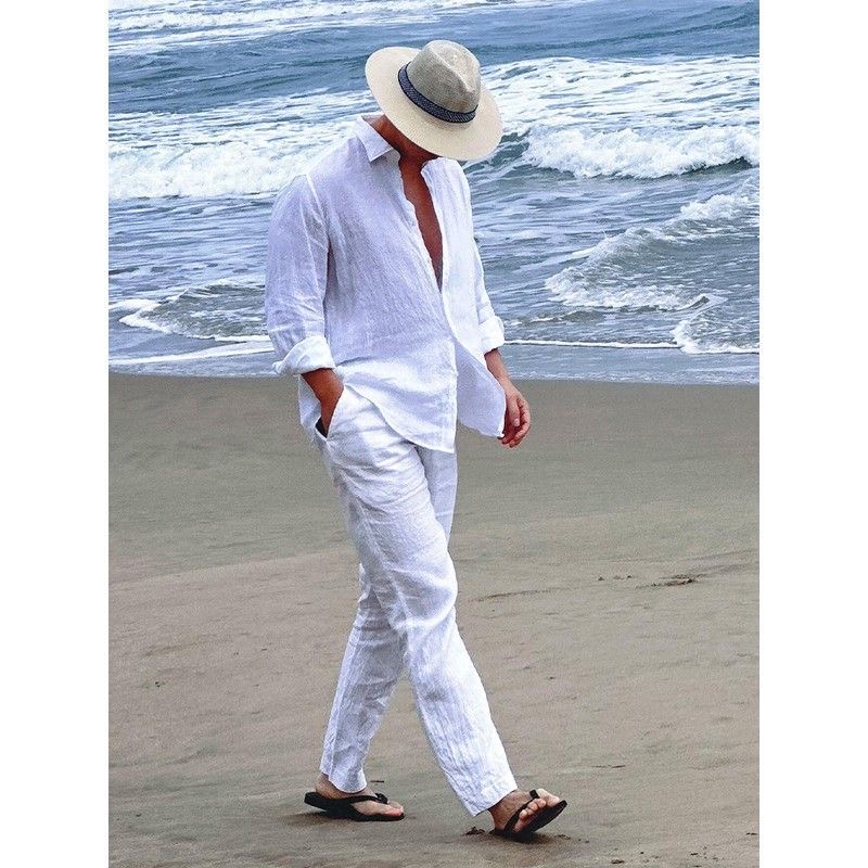 ビーチバケーションスタイル、メンズ用コットンリネンカジュアル - Linen Shirt Breathable のレビューと価格
