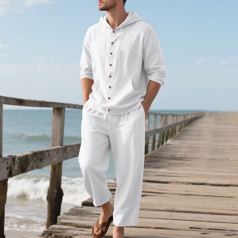 メンズリネンビーチセット サマーカジュアル フード付きシャツ - Linen Shirt Breathable のレビューと価格
