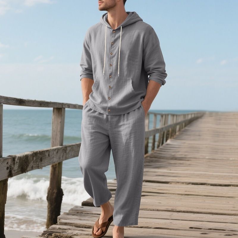 メンズリネンビーチセット サマーカジュアル フード付きシャツ - Linen Shirt Breathable のレビューと価格