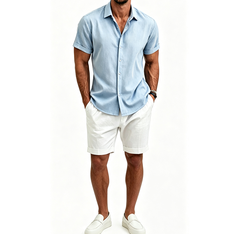 メンズ綿麻シャツセット 夏用半袖シャツ＆ショートパンツスーツ - Linen Shirt Breathable のレビューと価格