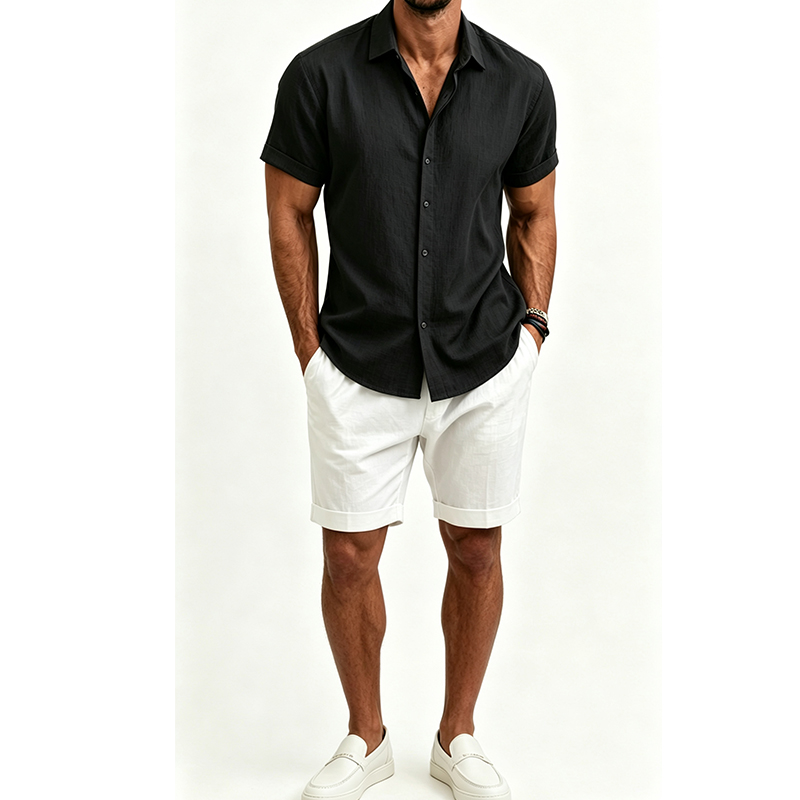 メンズ綿麻シャツセット 夏用半袖シャツ＆ショートパンツスーツ - Linen Shirt Breathable のレビューと価格