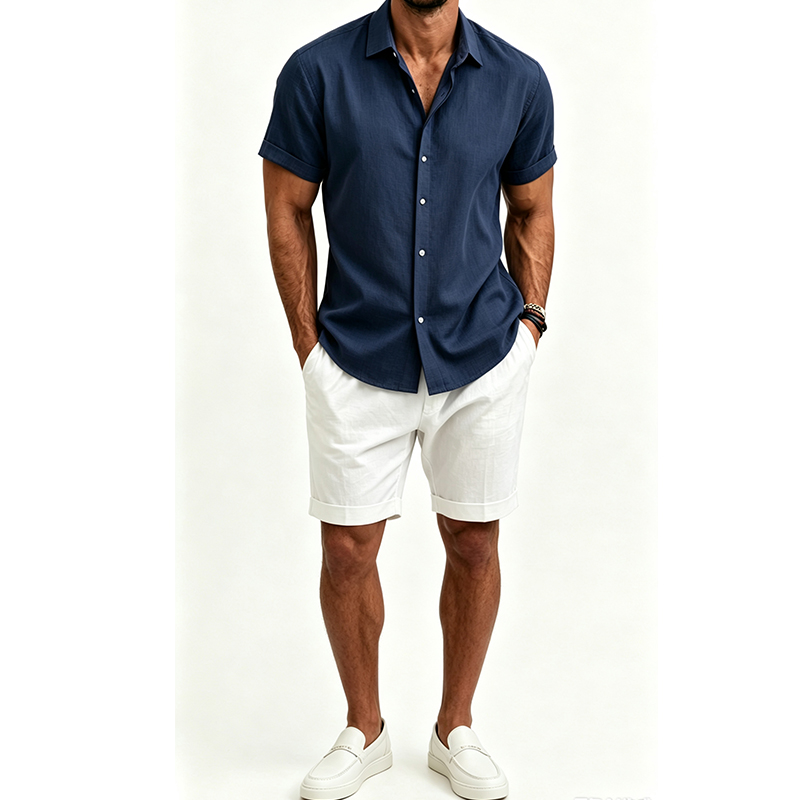 メンズ綿麻シャツセット 夏用半袖シャツ＆ショートパンツスーツ - Linen Shirt Breathable のレビューと価格