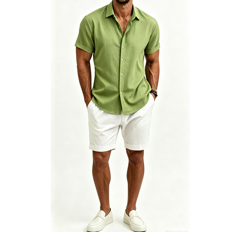 メンズ綿麻シャツセット 夏用半袖シャツ＆ショートパンツスーツ - Linen Shirt Breathable のレビューと価格