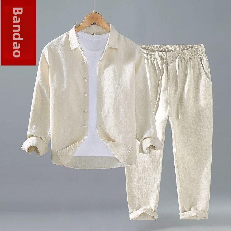 リネン素材のメンズカジュアル半袖シャツと長ズボンの2点セット - Linen Shirt Breathable のレビューと価格